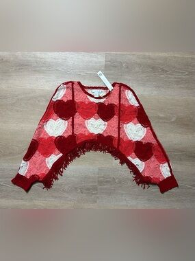 House of Harlow 1960 Red Pink Crochet Cropped Heart Fringe Sweater One Size NWT